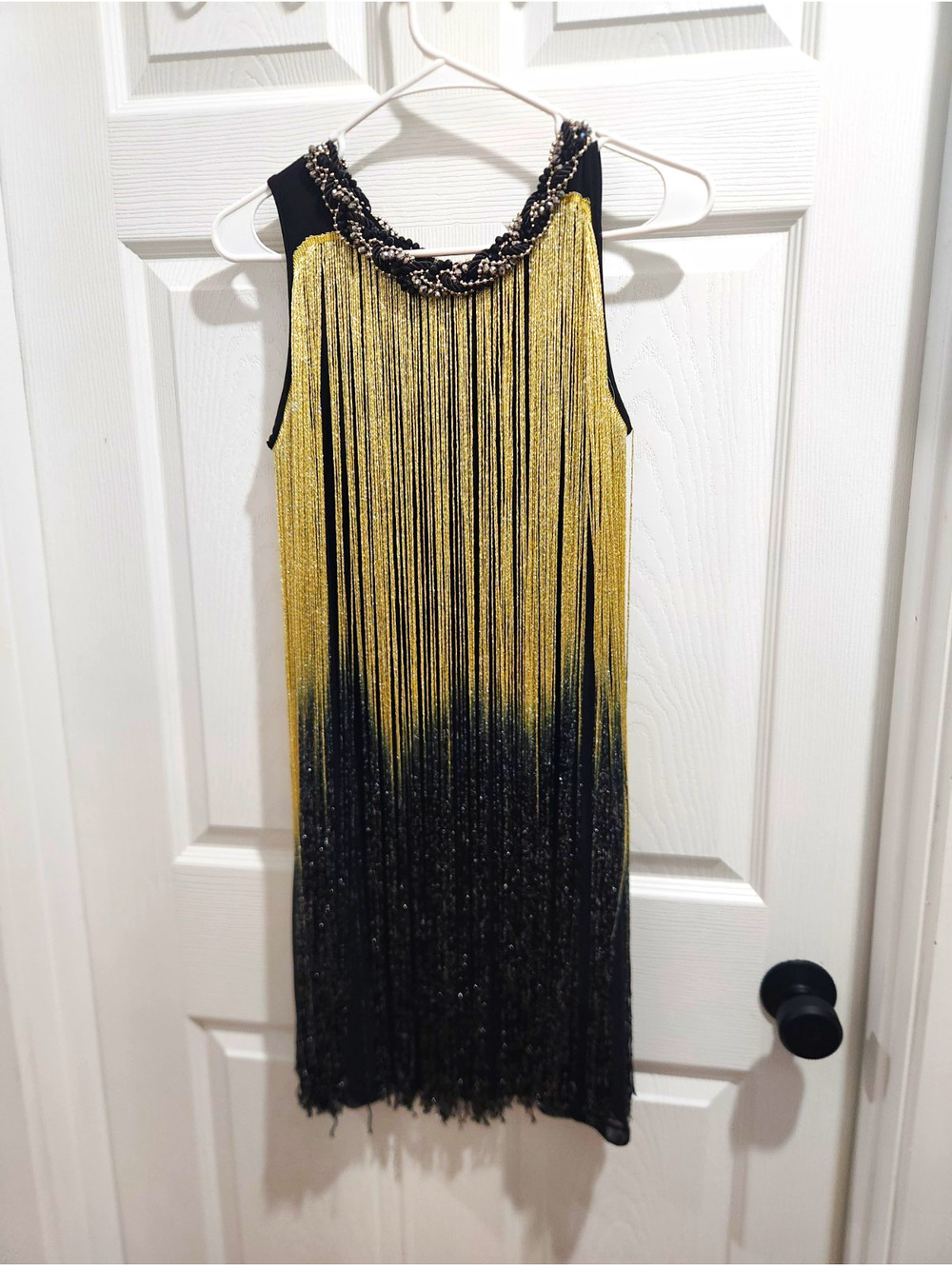 Eden Women’s S Black/Gold Ombre Knit Sheath Fringe Beaded Scoop Knee Dress